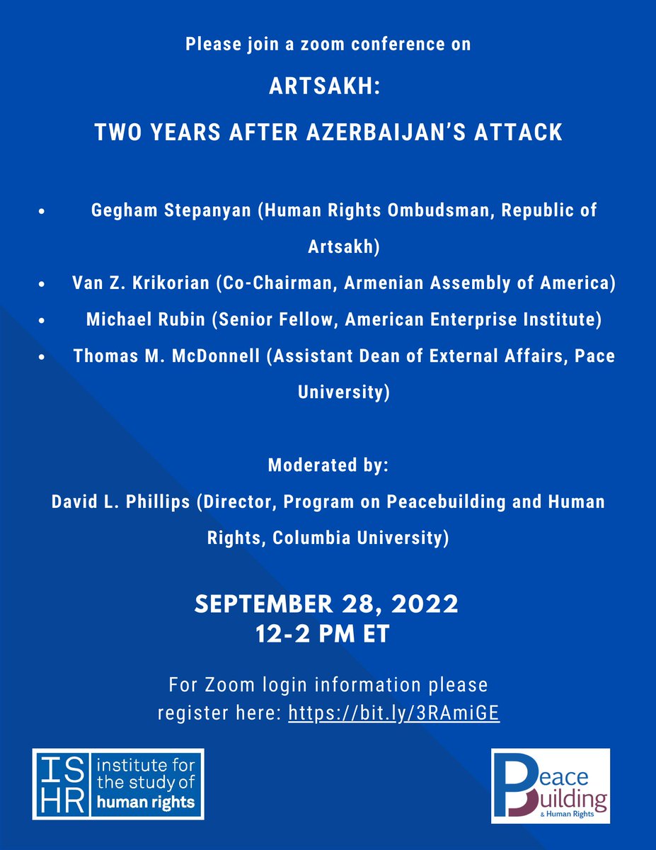 Join us next Thursday, Sep 28, 2022 from 12 to 2 pm ET for the online Webinar 'Artsakh: Two Years After Azerbaijan's Attack' Click here to register: bit.ly/3RAmiGE