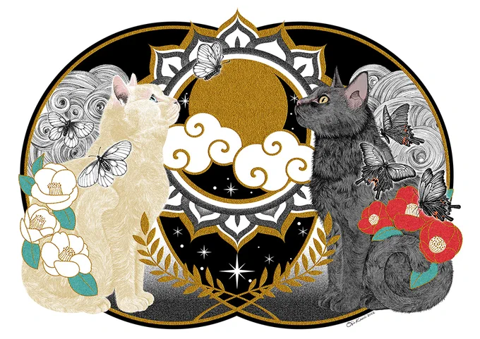 【ご依頼制作】白猫&amp;黒猫のイラストですご希望モチーフとして蝶を指定でしたので、同じく白黒のウスバシロチョウとクロアゲハを描かせていただきました愛車のステッカーにしていただきましたよ! 