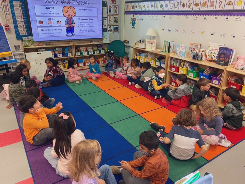 Morning meeting has everyone turning and talking about their favorite books! Many great titles being shared! We have a class full of book lovers. #martellkinders #onetroy