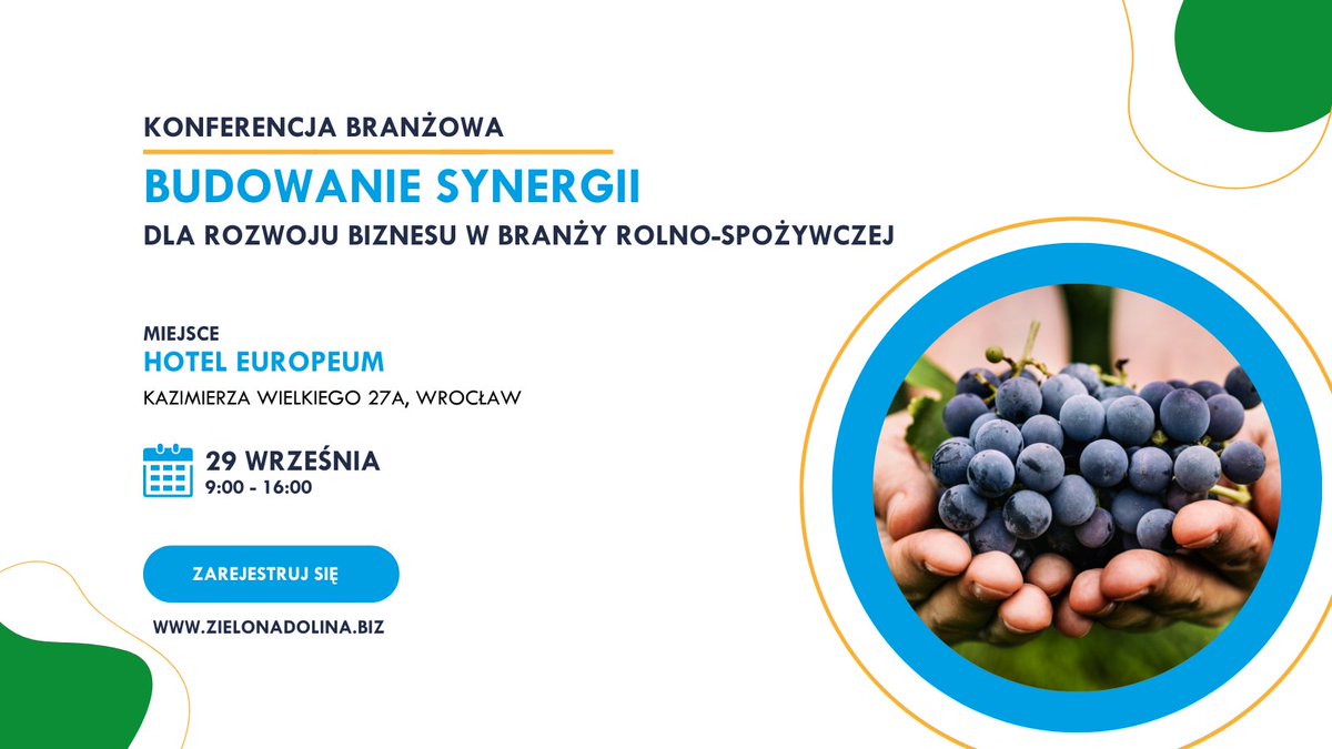 DOZEDO3's tweet photo. 👉Jeszcze tylko do poniedziałku czekamy na Wasze zapisy do udziału w bezpłatnej Konferencji branżowej „Budowanie🤝synergii dla rozwoju biznesu w branży rolno 🐏🐄-spożywczej 🍇🧀”. 
🖊  Rejestracja na stronie: https://t.co/mJnNvS982d
#ZielonaDolina #ŁańcuchyDostaw  #DolnyŚląsk https://t.co/5LcoRmoB6A