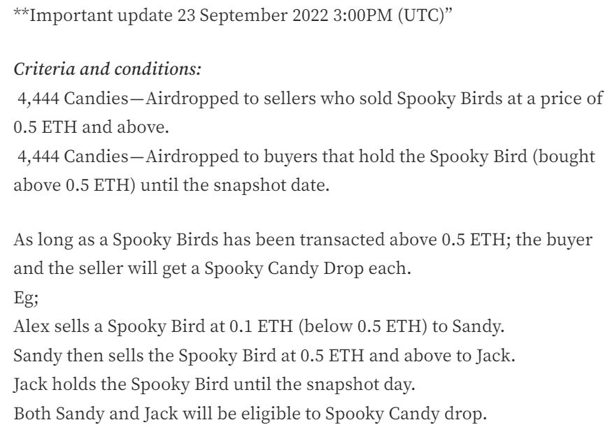 Rules are meant to be broken.
We have heard you and discussed internally

The prior rules will no longer be applicable. 

Please read the updated Medium here:
medium.com/@spookybirdsxy…

Spooky Candy? Stay tuned for more:
tinyurl.com/spookycandies