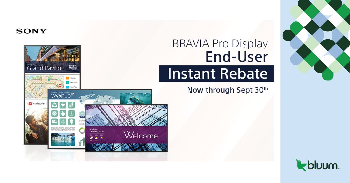 Bluum_EdTech's tweet photo. Now thru Sept. 30, 2022, all end-users can get an Instant Rebate of $25.00 up to $75.00 on @Sony's Pro BRAVIA BZ30J Series Displays. #Teachers can easily cast content from their laptop, tablet, or mobile device onto a BRAVIA display. Learn more. https://t.co/qZVdAy9z6P https://t.co/pMsxOZxY9y