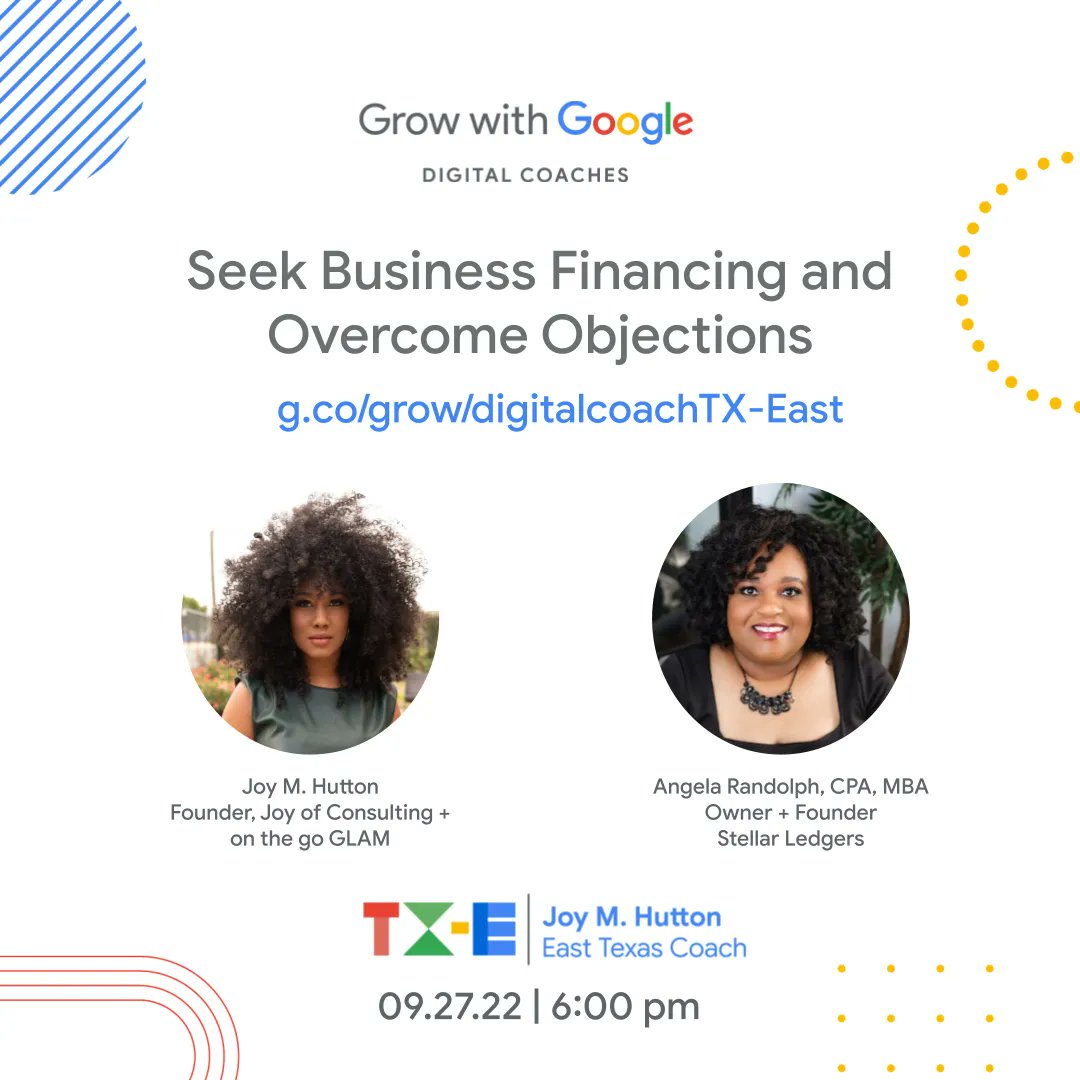AngelaTheCFO's tweet photo. Join me next Tuesday where I'll be chatting with Joy Hutton, Digital Coach - Grow with Google about business funding, best practices for your finances, etc. Register for free at: https://t.co/jRkxUF7UUc https://t.co/NirVfD8tjH