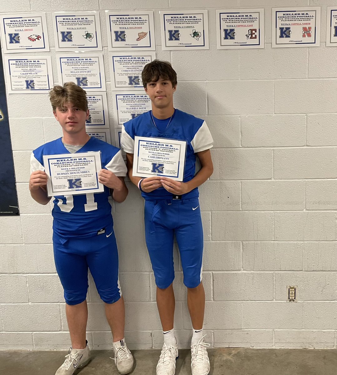 KMS_Athletics1's tweet photo. Congratulations to 8th Grade Football Players of the Week vs. Hillwood 🔹 A-Team goes to Cash Endmann 🔹 C - Team is Hudson Moltenbrey #CommandPerformance @kms_comanches @KISDAthletics @kellerindiansfb https://t.co/caEK2rnYeT