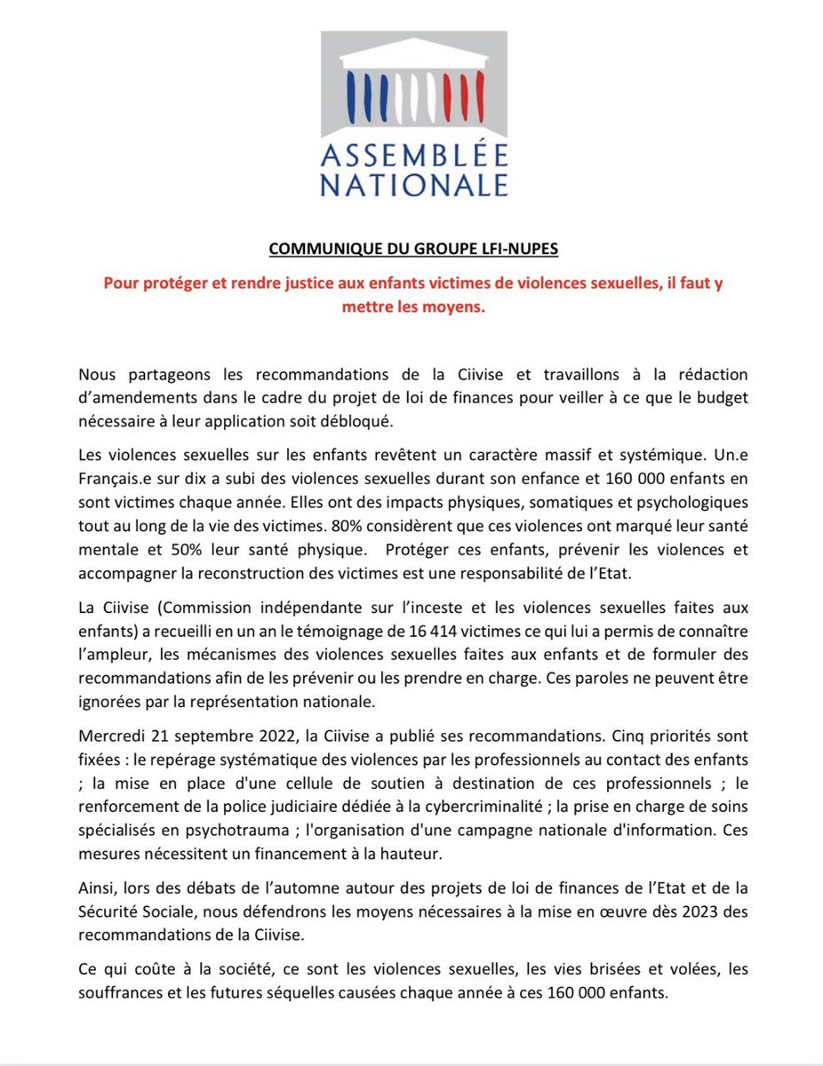 FiAssemblee's tweet photo. 🔴 Pour protéger et rendre justice aux enfants victimes de violences sexuelles, il faut y mettre les moyens.

Notre communiqué ⤵️ https://t.co/SLXswIQils