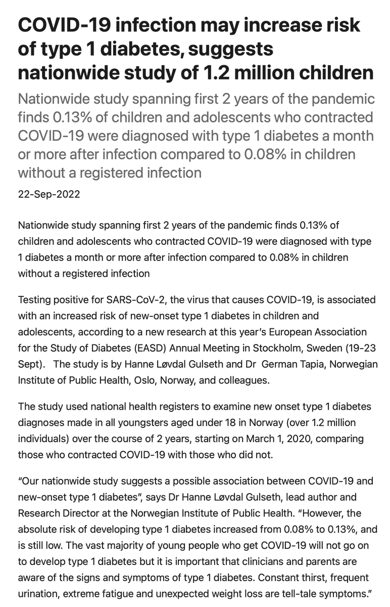 EricTopol's tweet photo. Two new independent reports, one Norway nationwide, and the other US-based, indicate increased risk of Type 1 (autoimmune) diabetes from Covid in children and teens
https://t.co/8zTYGLmblk
@EASDnews 
https://t.co/q4t1DfcYk9 @JAMANetworkOpen https://t.co/fn1Wqnf2Th