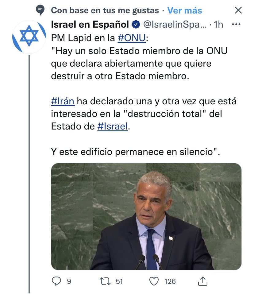 benipupkin1's tweet photo. Primer Ministro de Israel @yairlapid habló fuerte y claro en la ONU:

Un Estado miembro de la ONU (Irán), declara como principio que quiere destruir a otro Estado miembro (Israel) y todos guardan silencio…

@Gil_Artzyeli
@yairlapid 
@comjudiachile https://t.co/bsGQPujKBV