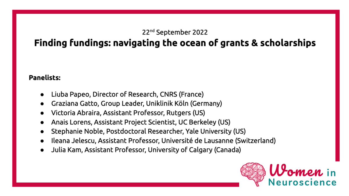 Here come the notes of the first chat in our 2022 series: how to secure funding as a #WomenInNeuro: docs.google.com/document/d/e/2… 
Many thanks to our panelists @sNeuroble @ljuba_pi @GattoGraziana @VAbraira @AnaisLlorensPhD @IleanaJelescu & Julia Kam, and all the attendees!