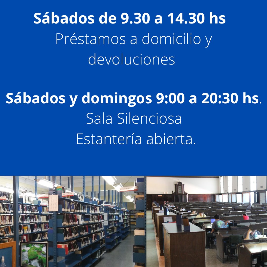 Los esperamos, los sábados de 9:30 a 14:30 hs, para préstamos a domicilio y devoluciones.
Sáb y Dom, de 9:00 a 20:30 hs Sala silenciosa.📚