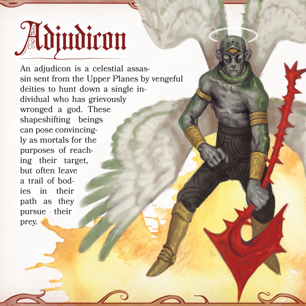 questiary's tweet image. An adjudicon is a celestial assassin sent from the Upper Planes by vengeful deities to hunt down a single individual who has grievously wronged a god. These shapeshifting beings can pose convincingly as mortals for the purposes of reaching their target.