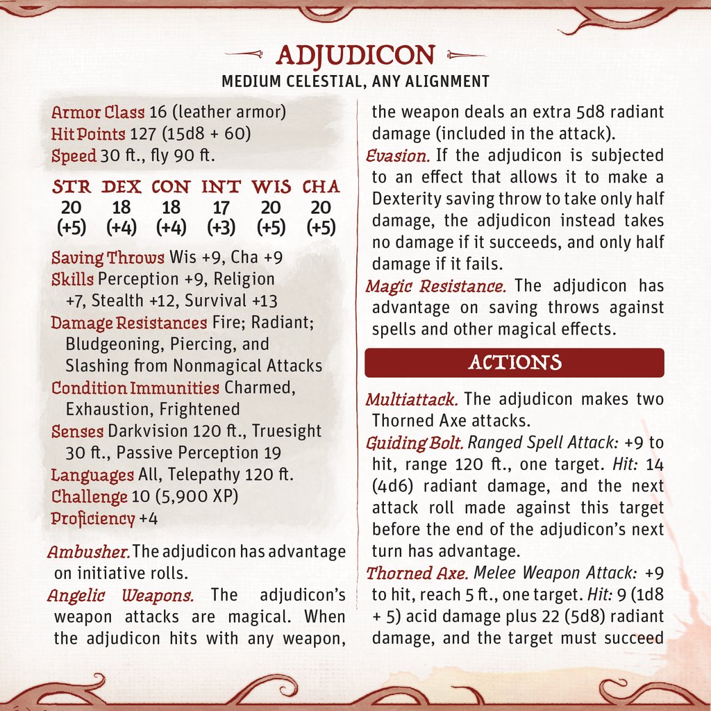 questiary's tweet image. An adjudicon is a celestial assassin sent from the Upper Planes by vengeful deities to hunt down a single individual who has grievously wronged a god. These shapeshifting beings can pose convincingly as mortals for the purposes of reaching their target.