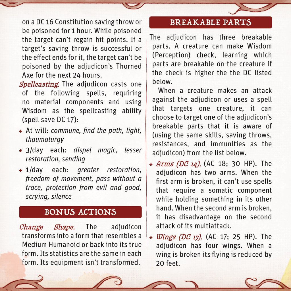 questiary's tweet image. An adjudicon is a celestial assassin sent from the Upper Planes by vengeful deities to hunt down a single individual who has grievously wronged a god. These shapeshifting beings can pose convincingly as mortals for the purposes of reaching their target.