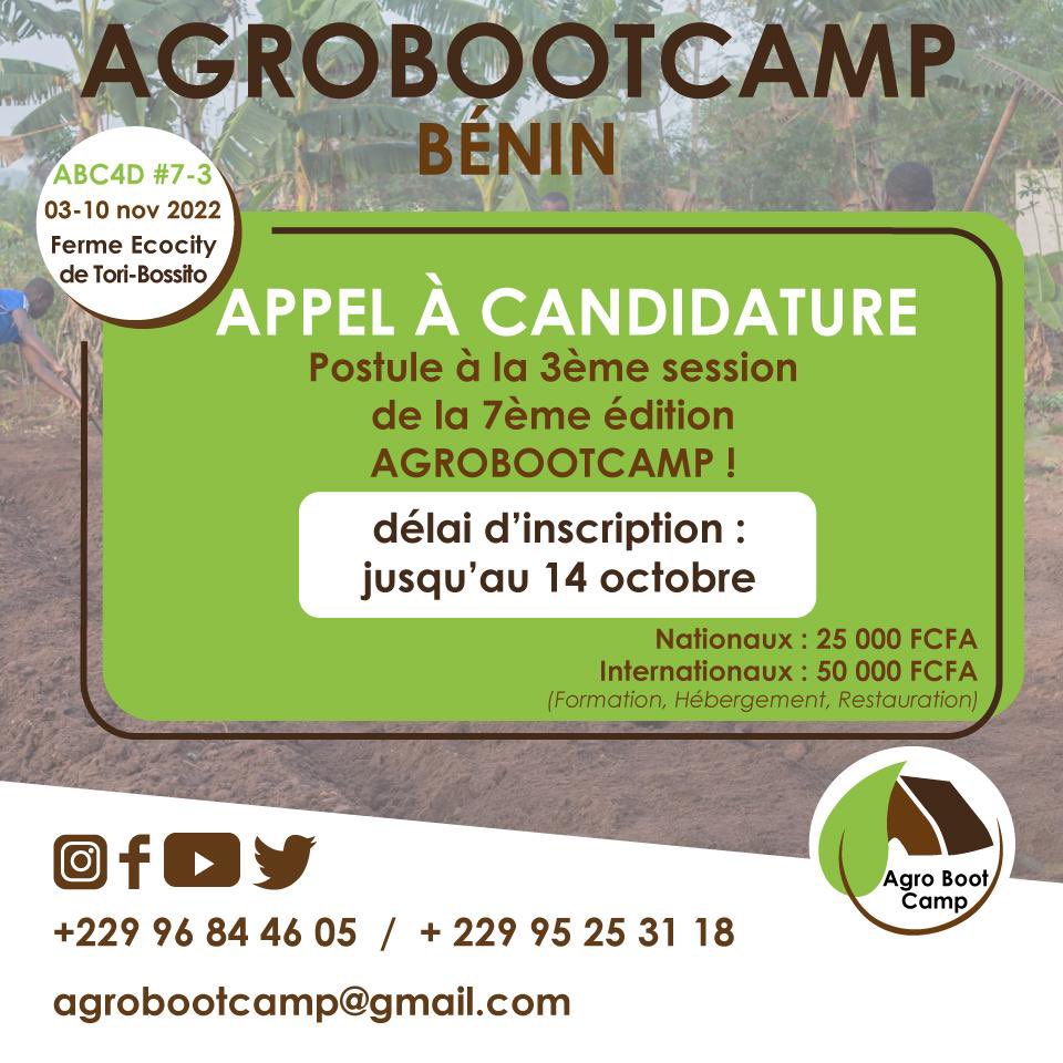 Et c'est parti pour la session 3 de #AgroBootCamp7
Jeunes entrepreneurs, vous avez envie de passer au prototypage de votre idée d'entreprise agroecologique
Postulez à cette session au plus tard le 14 Octobre 2022 via ce lien. 
bit.ly/3DPpBGF
#ODD
#Wasexo
#kebetu 
#lwili