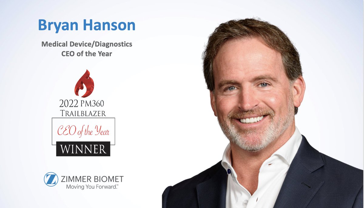 Congratulations to ZB’s Bryan Hanson for being named Medical Device/Diagnostics #CEO of the Year by <a href="/PM360online/">PM360</a> at the 2022 #PM360TrailblazerAwards.