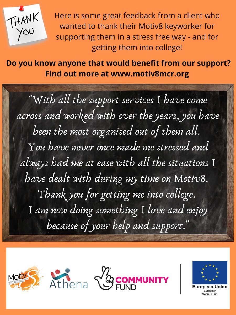 As usual, we like to end the week with that #FridayFeeling. This week we share feedback from a client who's now doing something they love because of support from Motiv8. Do you know anyone that needs support to get back on track? motiv8mcr.org #TNLComFundESF <a href="/TNLComFund/">The National Lottery Community Fund</a>