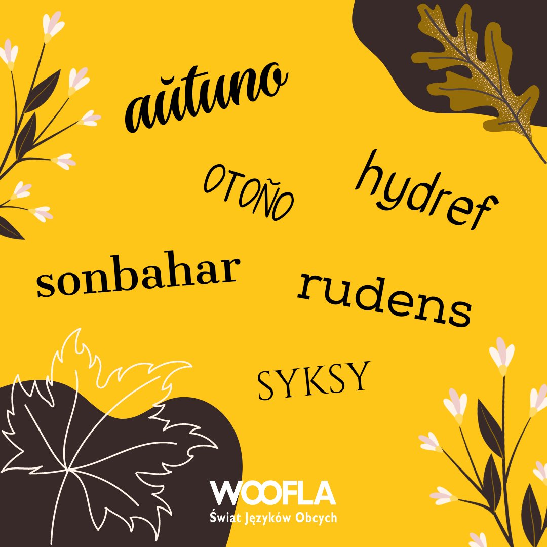 WOOFLA_pl's tweet photo. Witamy kalendarzową jesień 🍁 potraficie rozpoznać wszystkie języki, którymi zapisaliśmy nazwę tej pory roku? 🌻 #językiobce #naukajezykow #jesień #fall2022 https://t.co/cGFDh2Gvss