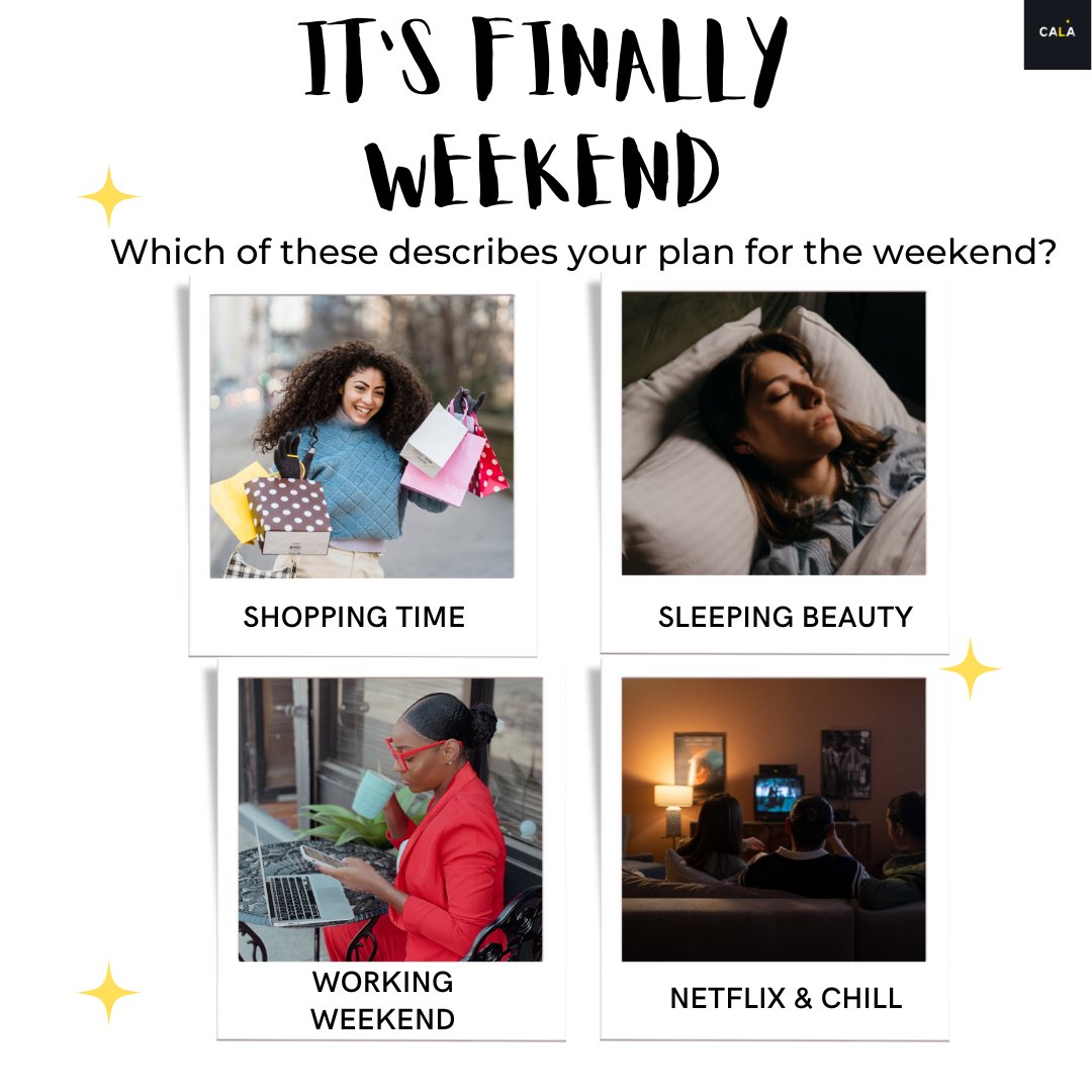 calaplatform's tweet photo. And just like that, it's the weekend💃
and all work and no play makes ....... a dull boy/girl😂
What's your plan for the weekend?

#weekendvibes #TGIF https://t.co/C2Tg56hHqD
