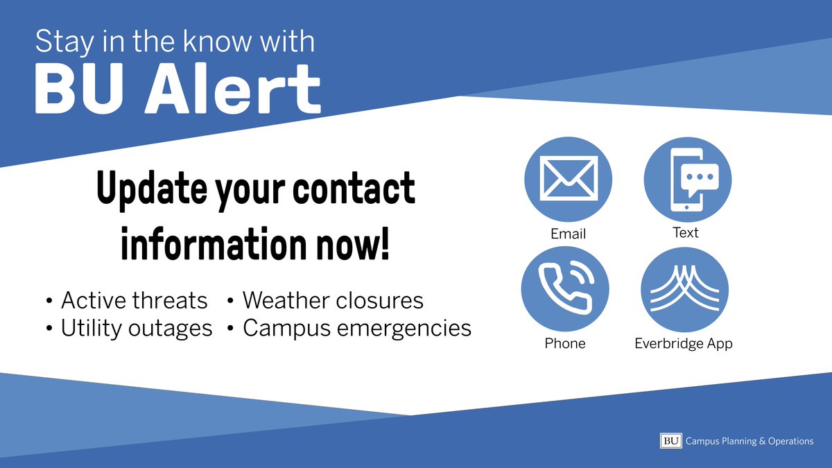 Stay safe @BUTweets with #BUAlert. 

You can receive texts, emails, and/or phone calls about weather closures, utility outages, active threats, and other campus emergencies. 

Update your contact information now to stay in the know 👉 spr.ly/6013M3qJB

@buithelp 
#NPM2022