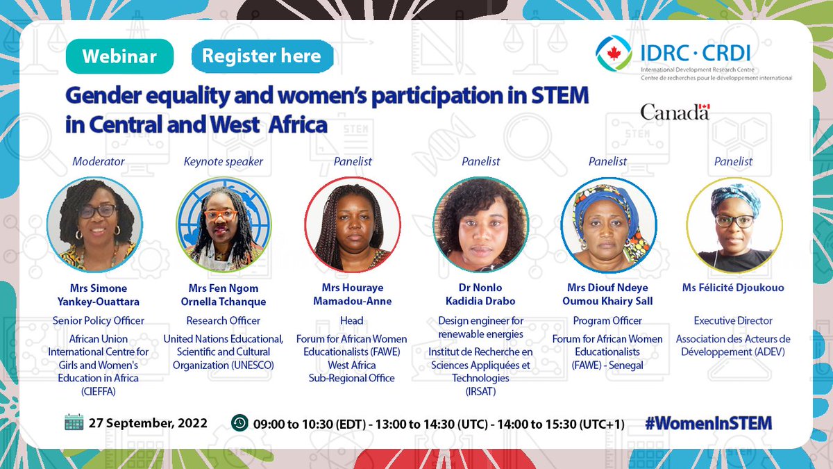 Meet our inspiring guest speakers who will be joining next Tuesday, Sept 27, regional conversation on #gender equality and #STEMeducation in Central and West Africa. 
Last chance👇to register to this free webinar
bit.ly/3dxY1Tz