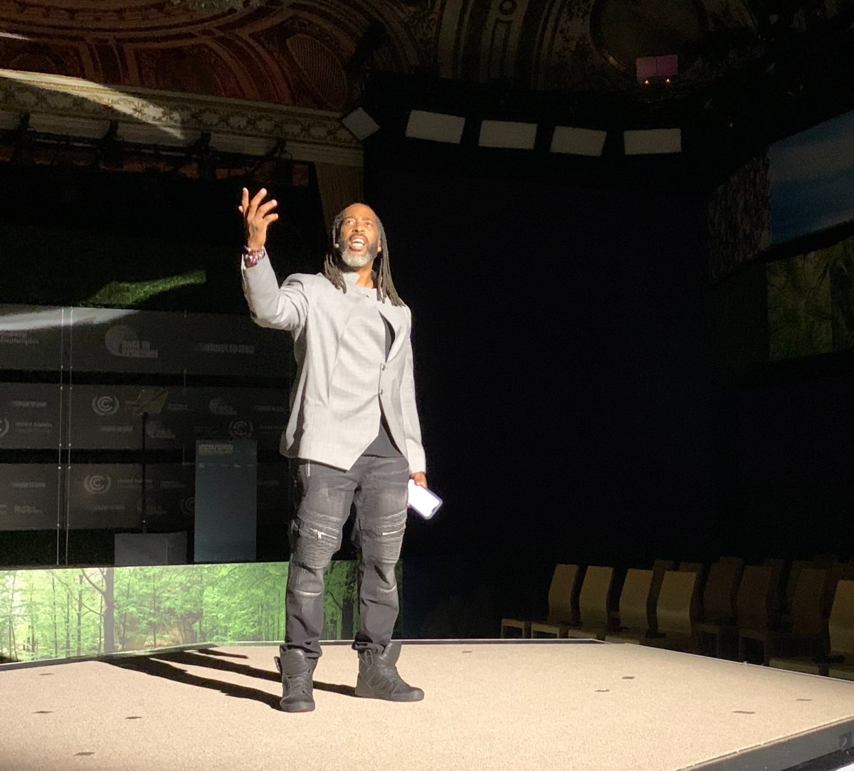 sekouandrews's tweet photo. I’m delivering the opening poem for a Bloomberg / U.N. event on climate change in a NY room full of financial titans, all dedicated to reversing net carbon and saving the world (literally)? Yeah, that’s gonna be a ripple effect I’m proud to be a part of!
#R2Z https://t.co/vMeRsmUwIh