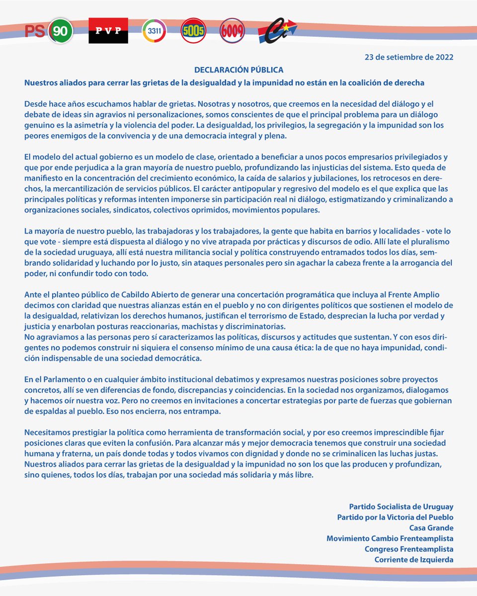 Nuestros aliados para cerrar las grietas de la desigualdad y la impunidad no están en la coalición de derecha. Junto con algunas organizaciones hermanas emitimos esta declaración que expresa nuestra posición política sobre la propuesta de concertación de Cabildo Abierto.