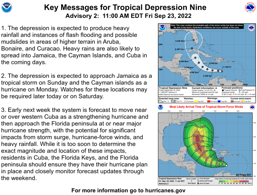 1. The depression is expected to produce heavy rainfall and 
instances of flash flooding and possible mudslides in areas of 
higher terrain in Aruba, Bonaire, and Curacao. Heavy rains are also 
likely to spread into Jamaica, the Cayman Islands, and Cuba in the 
coming days.
2. The depression is expected to approach Jamaica as a tropical
storm on Sunday and the Cayman islands as a hurricane on Monday.
Watches for these locations may be required later today or on
Saturday.
3. Early next week the system is forecast to move near or over 
western Cuba as a strengthening hurricane and then approach the 
Florida peninsula at or near major hurricane strength, with the 
potential for significant impacts from storm surge, hurricane-force 
winds, and heavy rainfall. While it is too soon to determine the 
exact magnitude and location of these impacts, residents in Cuba, 
the Florida Keys, and the Florida peninsula should ensure they have 
their hurricane plan in place.