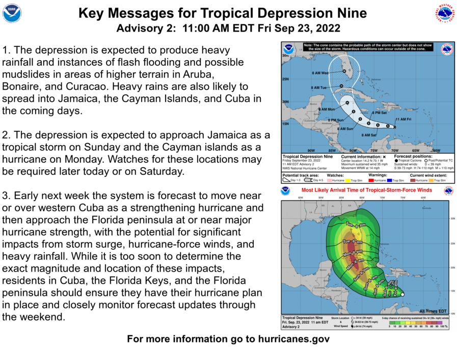 1. The depression is expected to produce heavy rainfall and 
instances of flash flooding and possible mudslides in areas of 
higher terrain in Aruba, Bonaire, and Curacao. Heavy rains are also 
likely to spread into Jamaica, the Cayman Islands, and Cuba in the 
coming days.
2. The depression is expected to approach Jamaica as a tropical
storm on Sunday and the Cayman islands as a hurricane on Monday.
Watches for these locations may be required later today or on
Saturday.
3. Early next week the system is forecast to move near or over 
western Cuba as a strengthening hurricane and then approach the 
Florida peninsula at or near major hurricane strength, with the 
potential for significant impacts from storm surge, hurricane-force 
winds, and heavy rainfall. While it is too soon to determine the 
exact magnitude and location of these impacts, residents in Cuba, 
the Florida Keys, and the Florida peninsula should ensure they have 
their hurricane plan in place.