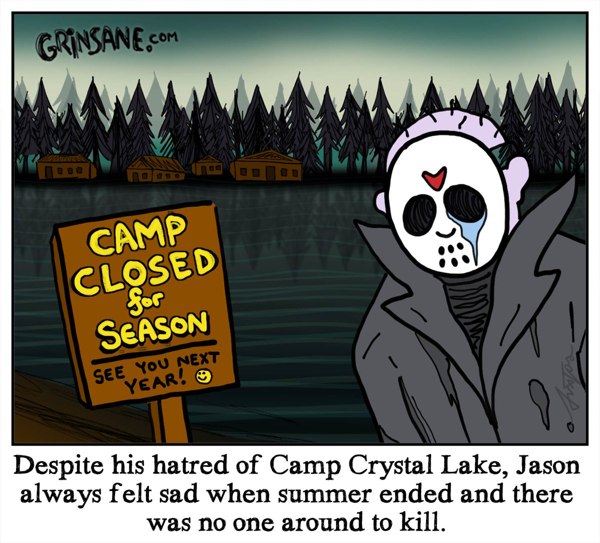 grinsane's tweet photo. #horrorcommunity hyped about Halloween but not everyone wants to see summer end. #mutantfam #jasonvoorhees #campcrystallake #fridaythe13th https://t.co/T2EUB8nnoa