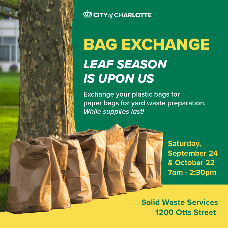 Solid Waste Services is hosting its second bag exchange event on Saturday, Oct. 22. Come out and exchange your plastic bags for paper bags. Learn more about using compostable paper bags or reusable personal containers for yard waste collection. cltgov.me/3vIYSnL