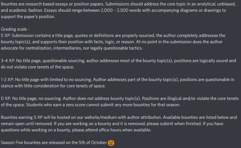 For Season 5 of <a href="/TheTokenAcademy/">Token Academy</a>, we'll be offering bounties to students who enjoy writing and/or research on crypto topics. 

Bounties can only be claimed by verified <a href="/696Rats/">LabRats - From Token Academy</a> holders in our server 🐀