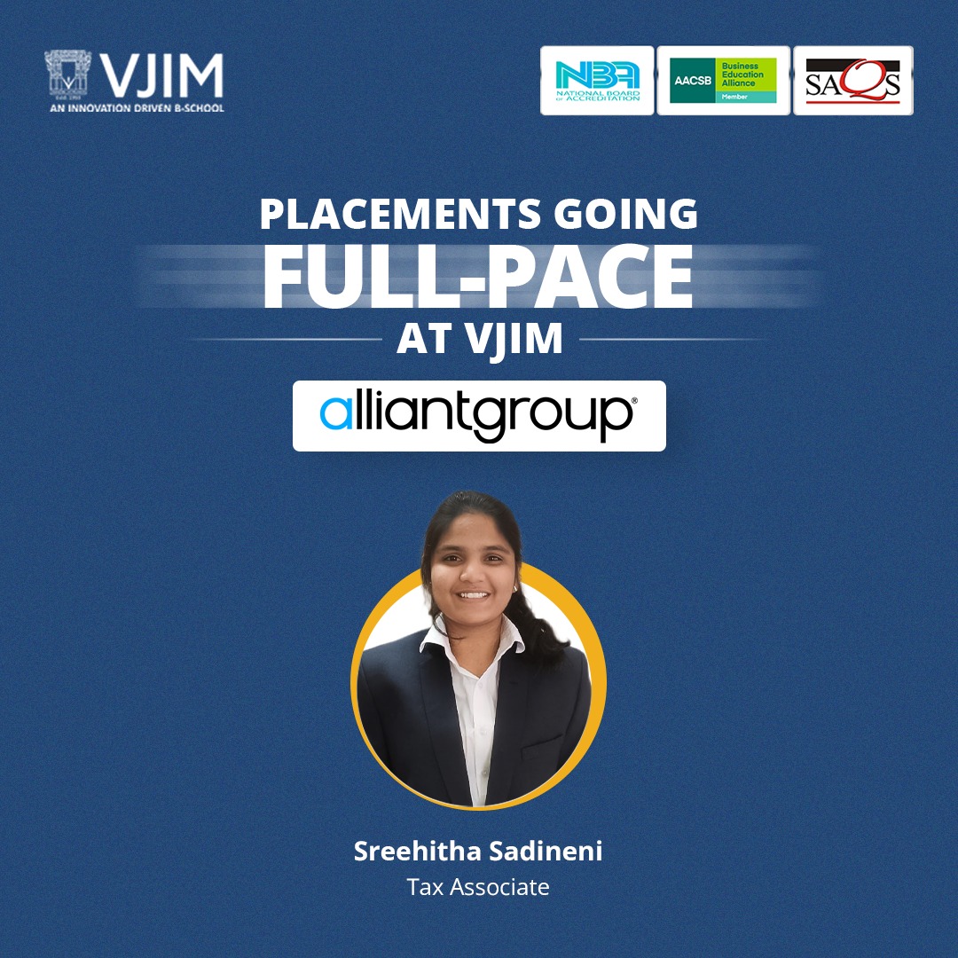 VjimHyderabad's tweet photo. Our #placements are going full-swing at #VJIM, Hyderabad.
Hearty #congratulations to our student who recently got placed with @alliantgroup.
We are proud of your hard work and wish you all the luck and #success in your future endeavours. https://t.co/OEa2hFeTk0