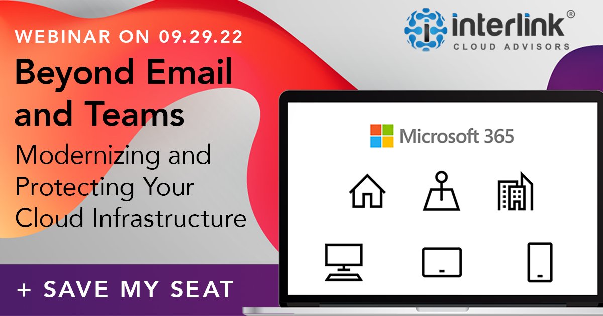interlinkcloud's tweet image. Our webinar Beyond Email and Teams is next week. Tune in to learn the value of modernizing and protecting your IT infrastructure! #Interlinkcloudadvisors #IT #webinar
hubs.la/Q01n09P-0