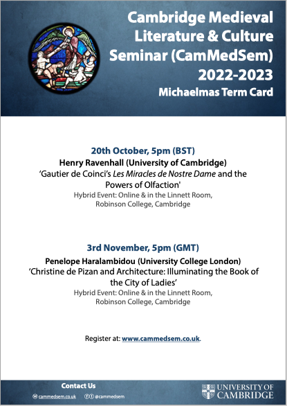 Our Michaelmas Term Card is out!
Register to attend at cammedsem.co.uk !
We look forward to seeing you. #medievaltwitter #Cambridge #GetInvolved
