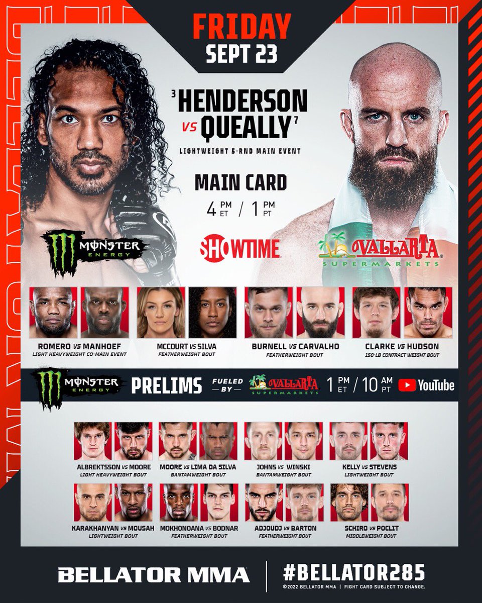 FqMMA's tweet photo. 🚨#Bellator285 ‼️
Carte complète & horaires pour la 🇫🇷 :
⏰ Prelims dès 19h sur
la chaîne YouTube @BellatorMMA
📺Main card à 22h sur #RMCSport2
🔥Co main :
#YoelRomero 🆚 #MelvinManhoef
🔥🔥Main Event
#BensonHenderson 🆚 #PeterQueally https://t.co/FBKiiCxlUY