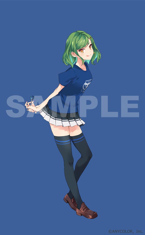 1girl solo skirt thighhighs green hair shirt blue shirt  illustration images