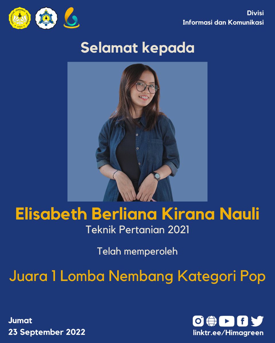 Himagreen's tweet photo. [CONGRATULATIONS]

Selamat kepada Elisabeth Berliana Kirana Nauli (Teknik Pertanian 2021) dan Laela Safitri (Teknik Pertanian 2021) atas prestasinya dalam Dies Natalis Faperta Ke-60!!

#Himagreen
#HimagreenGoGreen
#KabinetBhanucitrasangkara https://t.co/9S6MmJw7ij