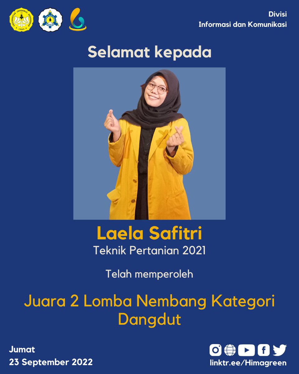 [CONGRATULATIONS]

Selamat kepada Elisabeth Berliana Kirana Nauli (Teknik Pertanian 2021) dan Laela Safitri (Teknik Pertanian 2021) atas prestasinya dalam Dies Natalis Faperta Ke-60!!

#Himagreen
#HimagreenGoGreen
#KabinetBhanucitrasangkara