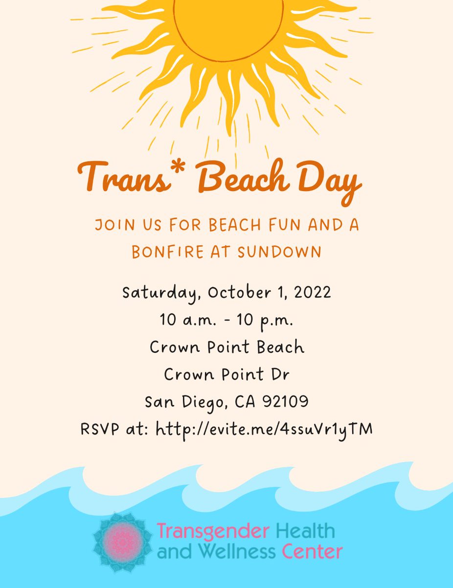 TransHAWC's tweet image. Trans* Beach Day- Crown Point Beach, San Diego! 
Join our San Diego Community at this annual beach event and celebrate with us with a bonfire at sundown!! 
Saturday, October 1st
Crown Point Dr., San Diego, CA 92109 
#transcommunity #transsandiego 

RSVP:  evite.me/4ssuVr1yTM