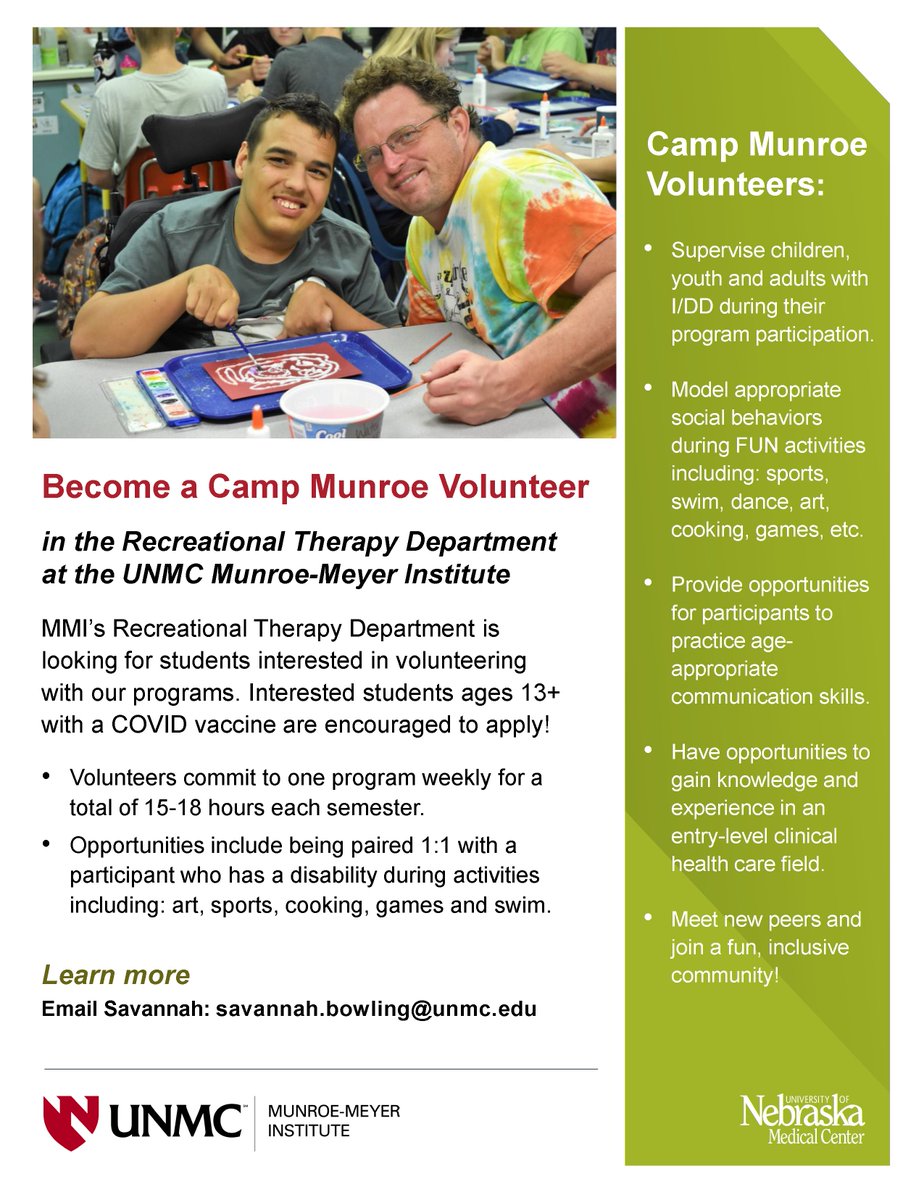 unmc_mmi's tweet photo. BECOME A CAMP MUNROE VOLUNTEER! 😃 The #mmiRecTherapy dept. is looking for students ages 13+ with a COVID vaccine to volunteer with our programs. Email savannah.bowling@unmc.edu for more info!

#unmcMMI #MMIvolunteer #mmiCampMunroe #CampMunroe #MakeADifference #TransformLives https://t.co/nr17vLu5uv