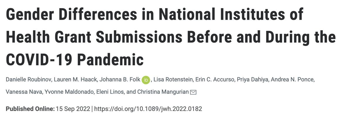 What happened to women and men's NIH grant submissions during the pandemic? We compared  submissions prior to and during the pandemic at UCSF and Stanford. A #GenderEquity 🧵...