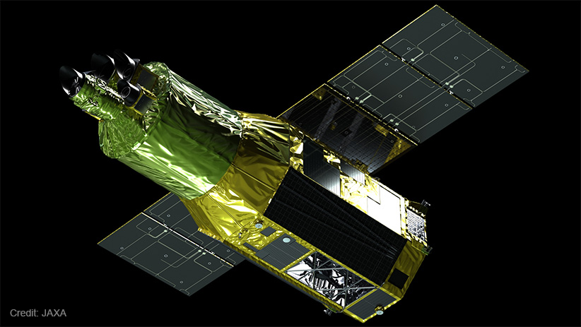 An artist’s concept of the X-ray Imaging and Spectroscopy Mission (XRISM), a JAXA/NASA collaborative mission with ESA participation, depicting the telescope orbiting in space. Credit: JAXA