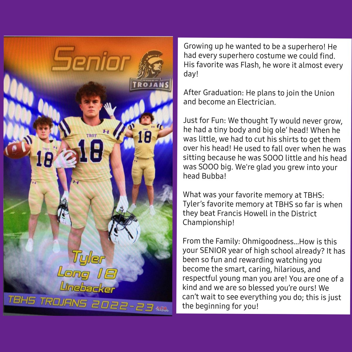 TBHSFballBoostr's tweet photo. This week's #SeniorSpotlight is: 

🏈Tyler Long #18 Linebacker🏈

#TPW #senior #family #football #footballfamily #TBHSTrojans https://t.co/p7JSCNiSl7