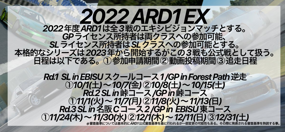 ARD1Official's tweet photo. #ARD1 2022年シリ��ズについてのお知らせです。
今年は全三戦の公式戦ではありますがエキシビジョンマッチとし、2023年1月から新シリーズ開幕とします!
詳しい情報はまた後日発表しますのでお楽しみに♪
#AssolutoRacing
#ARD1GP
#ARD1SL https://t.co/xie3YJGJ4T