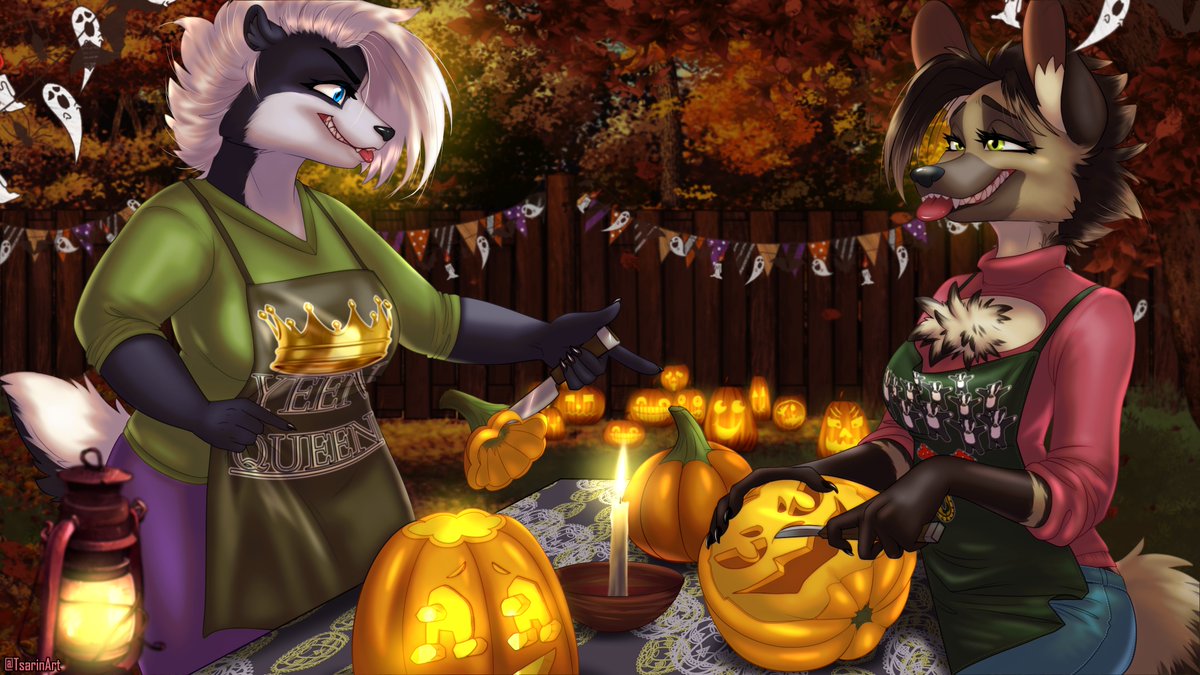 A fall celebration with the usual suspects

Thanks to <a href="/zrotalnce/">Z R O</a> for letting me borrow his character again and thanks to @TsarinArt for knocking it out of the park again. Vee &amp; Chloe appreciate it

If you can think of anymore badger / hyena puns for their aprons, share them below