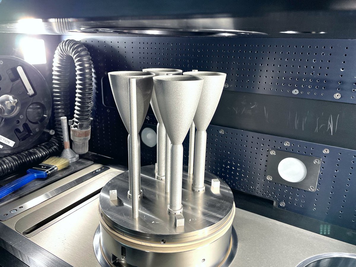 agile_space's tweet photo. Our additive process takes what would have been a 7 mo lead time with subtractive manufacturing and truncates it down to just 8 weeks. Shown are several A110s made of C103 niobium alloy.
This is the power of #AGILEspace manufacturing and development. https://t.co/yqtJk6wI6l