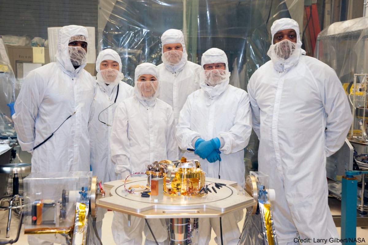 XRISM team members pose with the XRISM Calorimeter Spectrometer Insert in a NASA Goddard clean room. From left to right, they are Bryan James, Mike Sampson, Tomomi Watanabe, Pete Barfknecht, Scott Porter, and Sinclair Douglas. Credit: Larry Gilbert/NASA