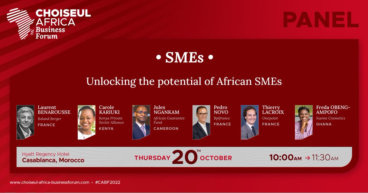 ChoiseulAfrica's tweet image. 📣 Don’t miss our roundtable on #SMEs!

🏭 Employing around 2/3 of the #African workers, they still account for only a small part of GDP, with limited and unreliable sources of financing.

We look forward to hearing the contributions of the 6⃣ speakers on this panel!

#CABF2022