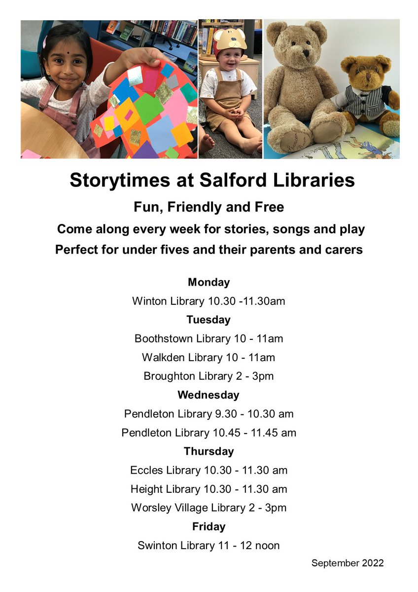 SalfordLibrary's tweet photo. Our storytimes have started again. Why not come along? Sessions are free and they're a great way to meet other parents and carers with young families. No need to book, just drop-in and join in the fun. @SalfordCouncil @SalfordLeisure https://t.co/L6totf6V2S