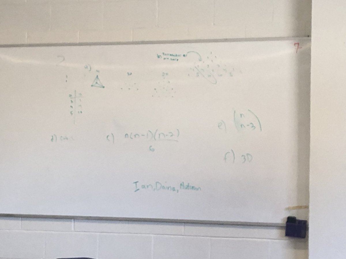 ms_apps_math's tweet photo. Is there anything Pascal’s triangle can’t do? #thinkingclassroom #hpedsb

Data Management students made connections between triangular and tetrahedral numbers, building onto the general equation in different dimensions and representing these numbers as combinations! https://t.co/rMboSPbcyD