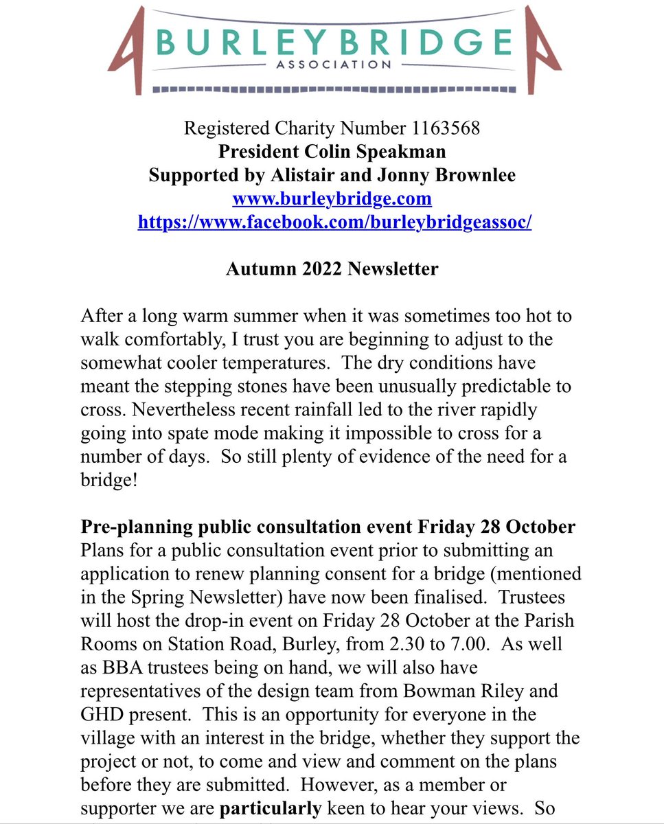 burleybridge's tweet photo. All members received this email yesterday. Very important: the announcement of our public consultation on the bridge planning application Fri 28 October 2.30-7pm, Parish Centre, Burley. Pls come along if you can. If you’re a member &amp; haven’t received the email, pls get in touch https://t.co/4FsTv7I3gH